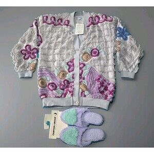 Vintage Canyon Group Chenille Cardigan Sweater M & Slippers L NWT Rare Set